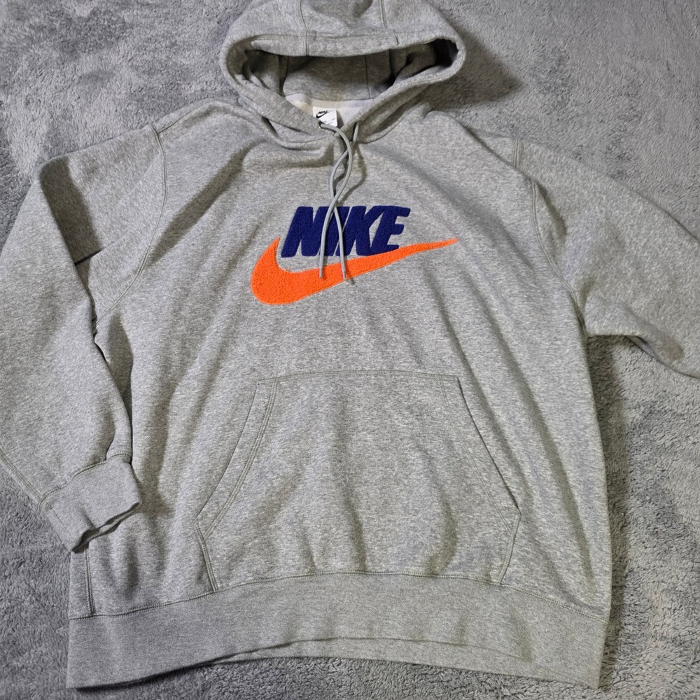 Nike Mens XXL Hoodie Grey Chenille‎ Logo Swoosh Pullover Sweatshirt READ!